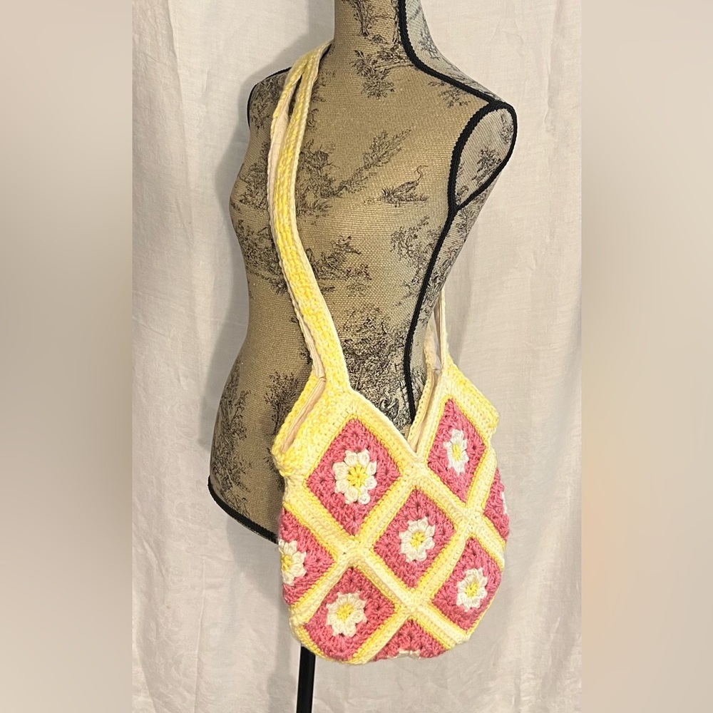 Handmade Crochet Pink and Yellow Bag